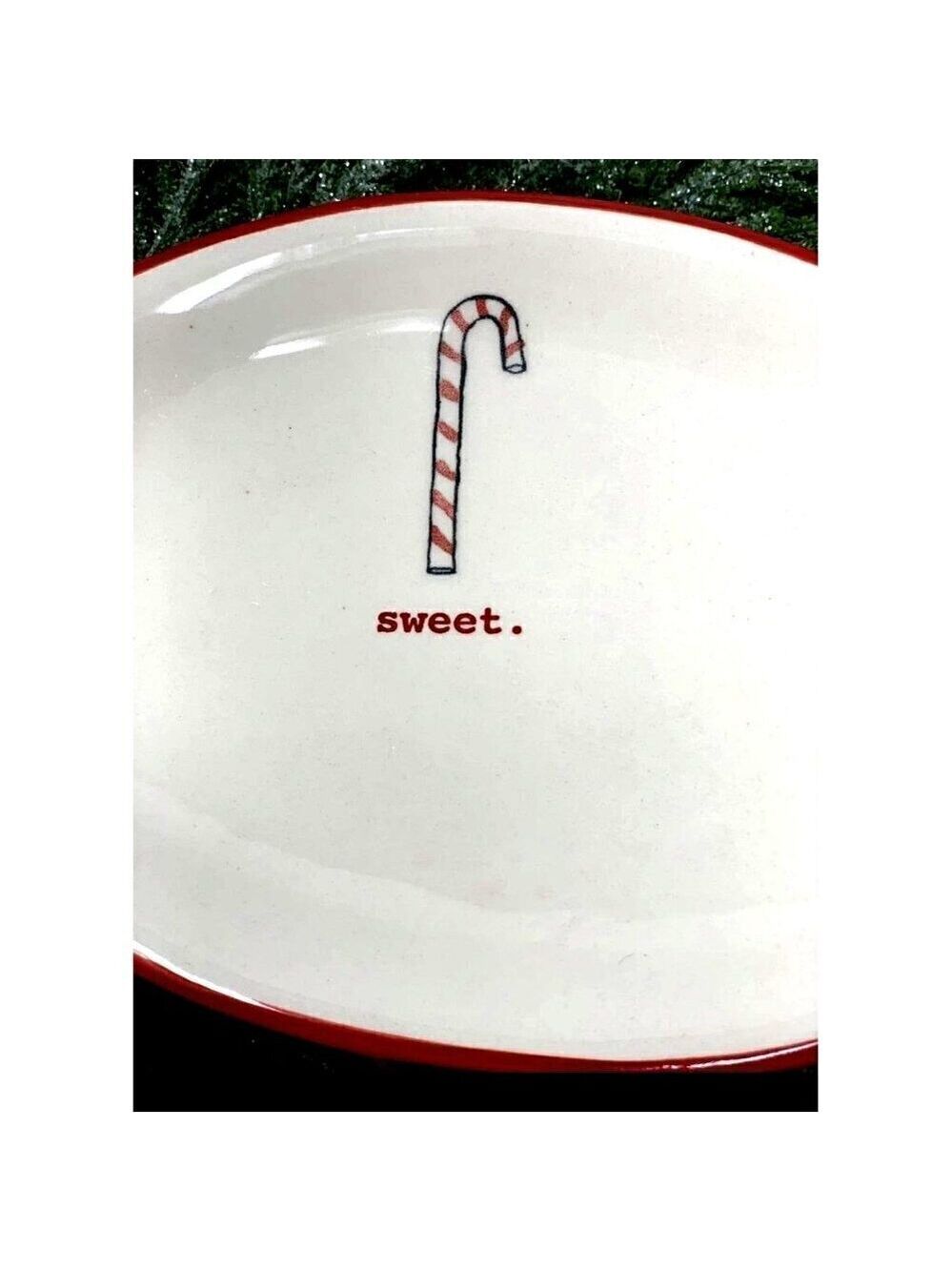 Rae Dunn SWEET Candy Cane 8 Inch Oval Plate Red Rim Trim White Holiday Christmas
